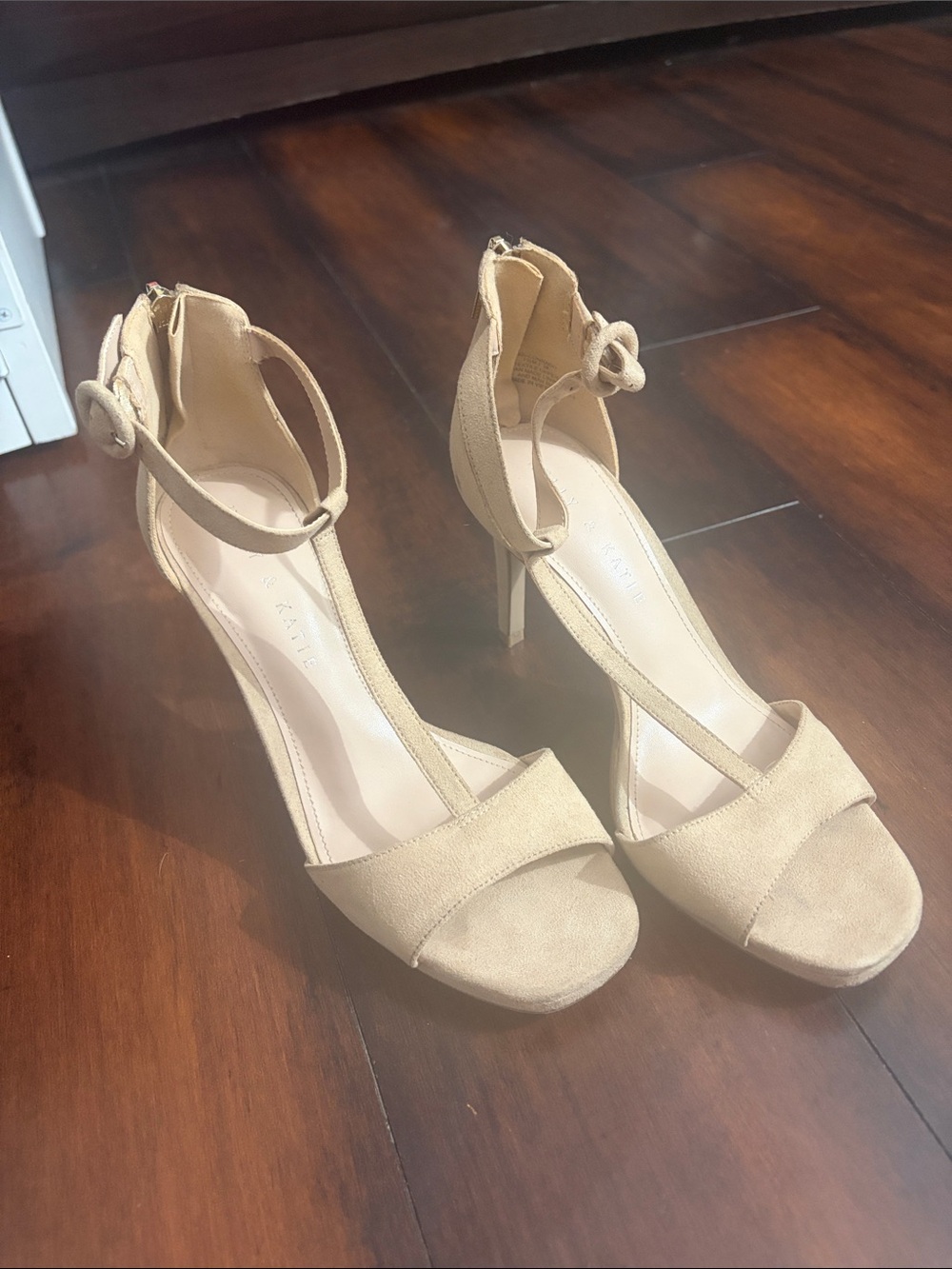 Kelly & Katie Nude/Tan Suede Ankle-Strap Stiletto Sandals